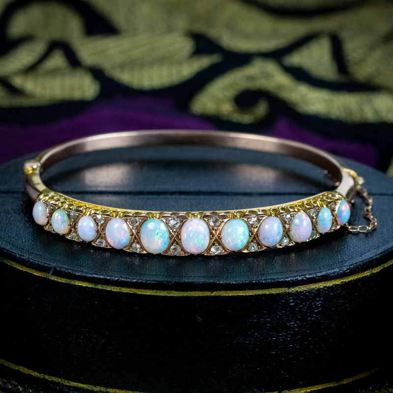 Antique Victorian Opal Diamond Bangle 15ct Gold