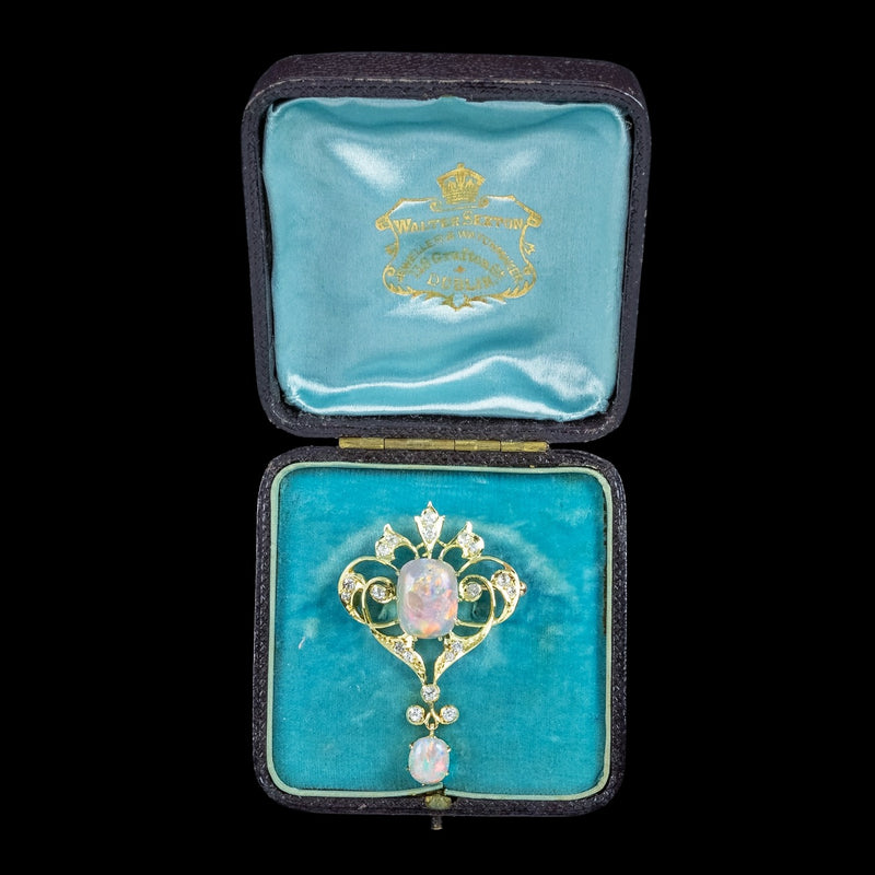 Antique Victorian Opal Diamond Brooch Pendant 15ct Gold With Box