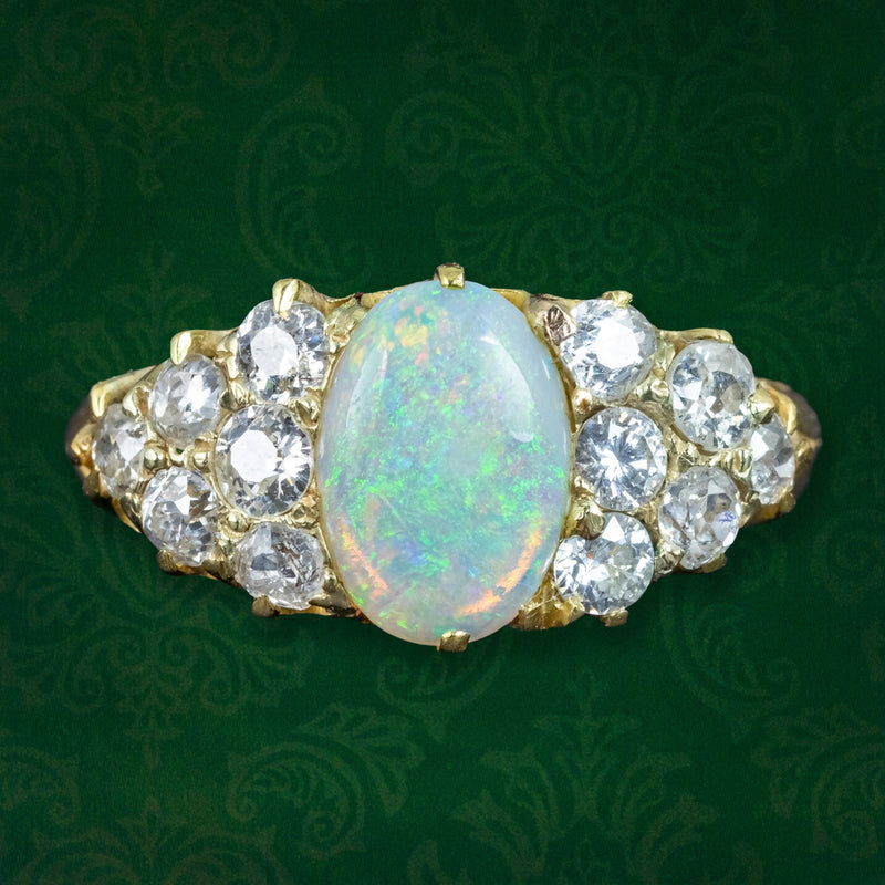 Antique Victorian Opal Diamond Cluster Ring 1.1ct Opal