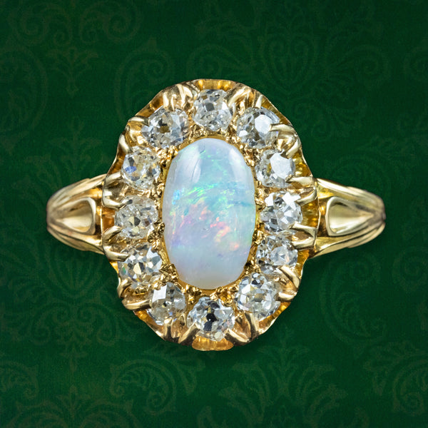 Antique Victorian Opal Diamond Cluster Ring 1ct Natural Opal