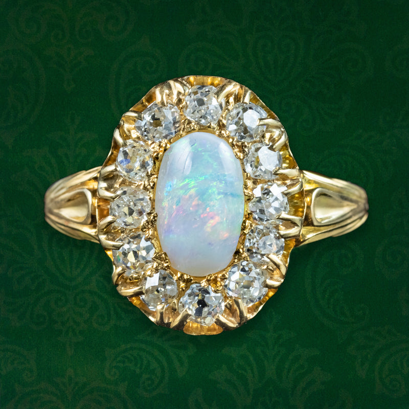 Antique Victorian Opal Diamond Cluster Ring 1ct Natural Opal