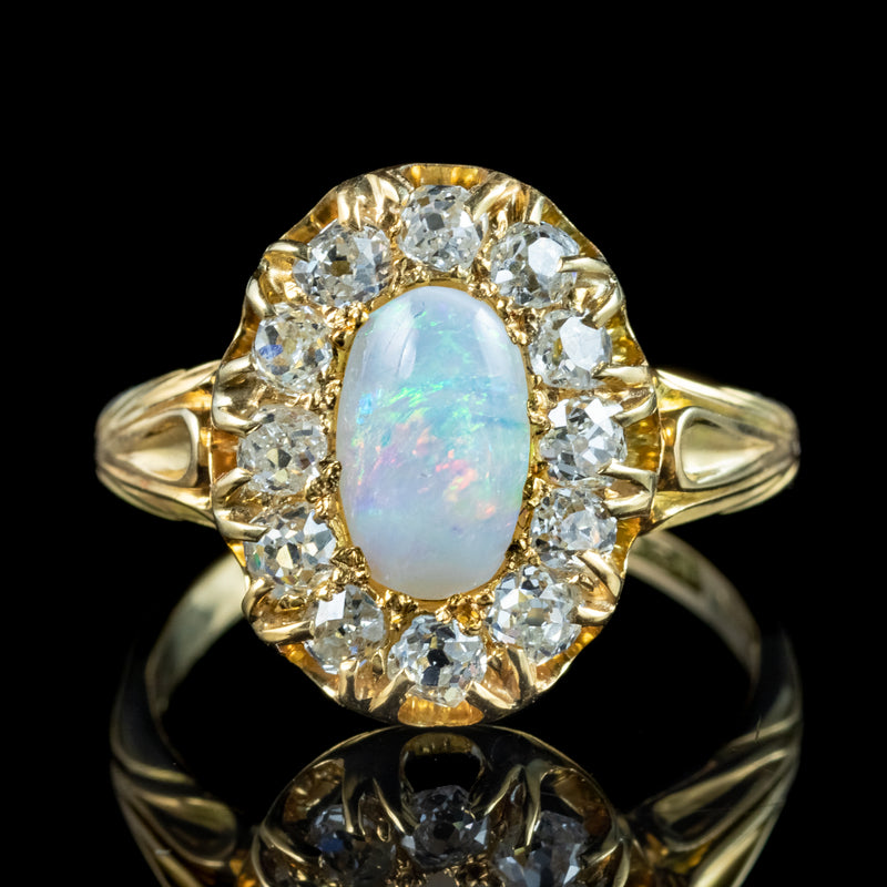 Antique Victorian Opal Diamond Cluster Ring 1ct Natural Opal