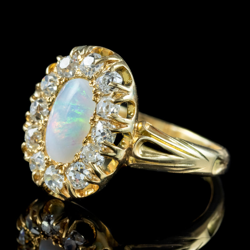 Antique Victorian Opal Diamond Cluster Ring 1ct Natural Opal