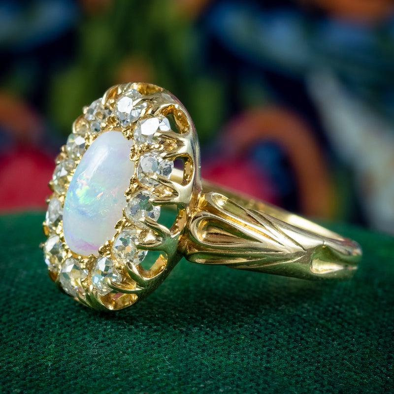 Antique Victorian Opal Diamond Cluster Ring 1ct Natural Opal