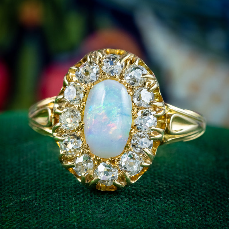 Antique Victorian Opal Diamond Cluster Ring 1ct Natural Opal