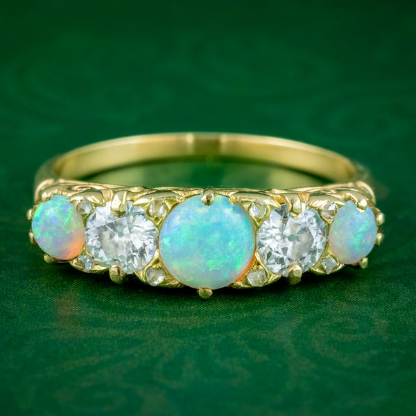 Antique Victorian Opal Diamond Five Stone Ring 1.1ct Of Opal