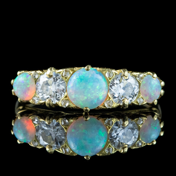 Antique Victorian Opal Diamond Five Stone Ring 1.1ct Of Opal