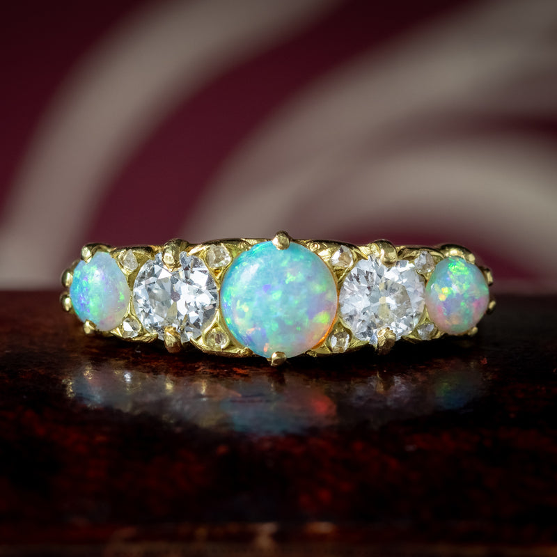 Antique Victorian Opal Diamond Five Stone Ring 1.1ct Of Opal