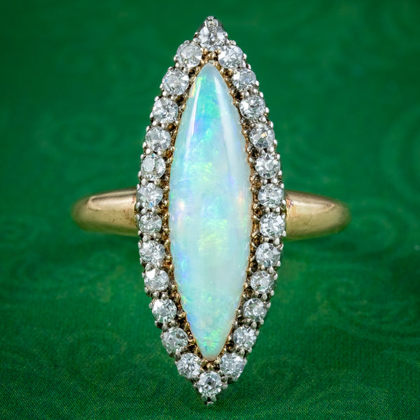 Antique Victorian Opal Diamond Navette Cluster Ring 2.3ct Opal