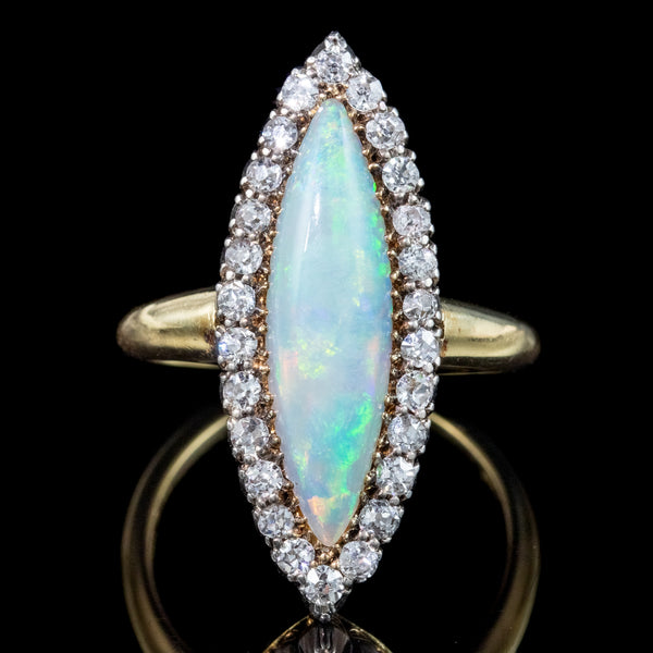 Antique Victorian Opal Diamond Navette Cluster Ring 2.3ct Opal