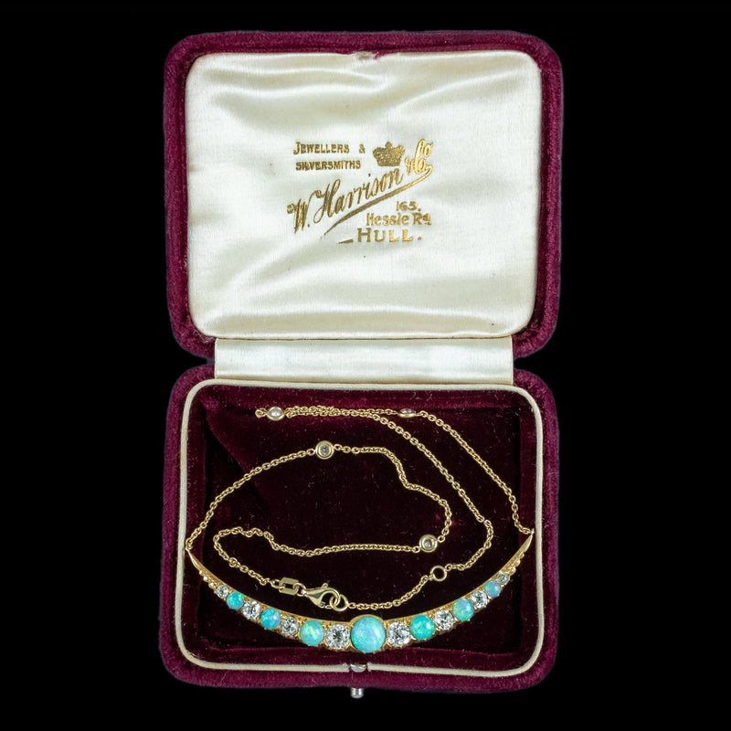 Antique Victorian Opal Diamond Necklace Crescent Moon 18ct Gold With Box