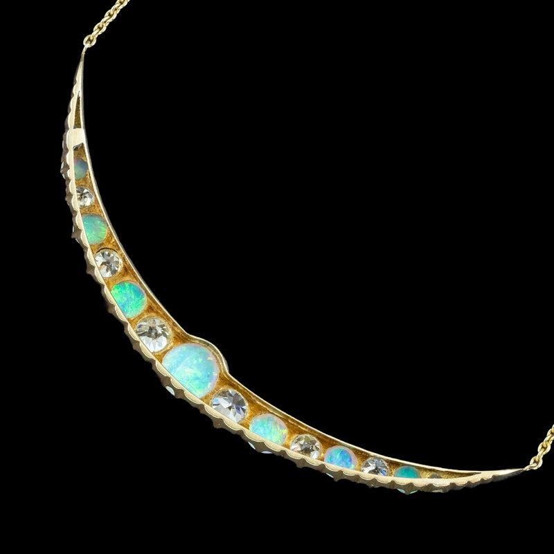 Antique Victorian Opal Diamond Necklace Crescent Moon 18ct Gold With Box