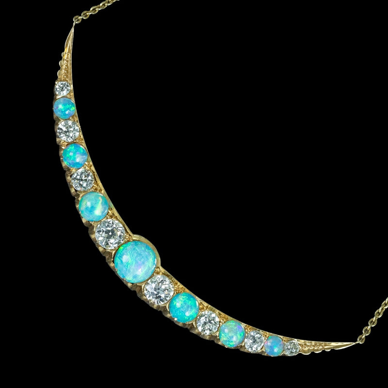 Antique Victorian Opal Diamond Necklace Crescent Moon 18ct Gold With Box
