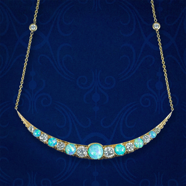 Antique Victorian Opal Diamond Necklace Crescent Moon 18ct Gold With Box