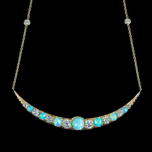 Antique Victorian Opal Diamond Necklace Crescent Moon 18ct Gold With Box