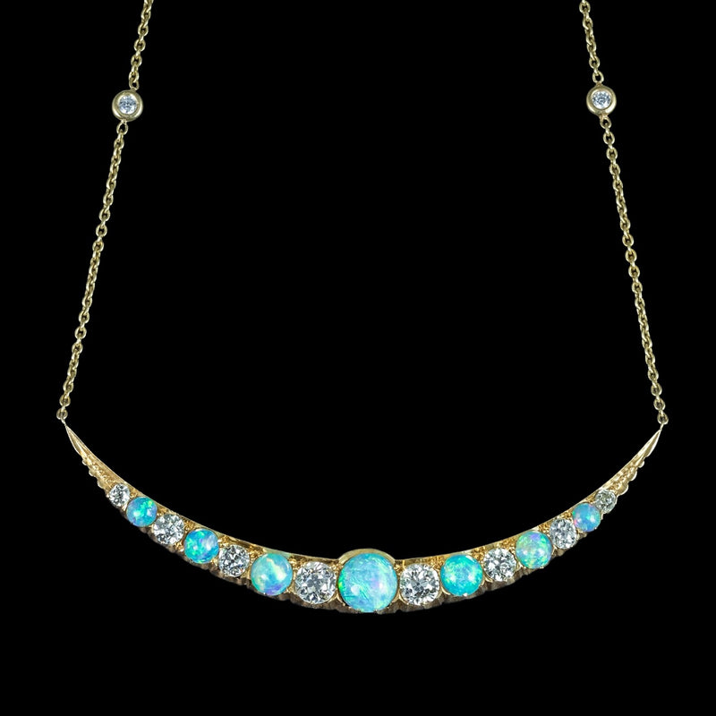 Antique Victorian Opal Diamond Necklace Crescent Moon 18ct Gold With Box