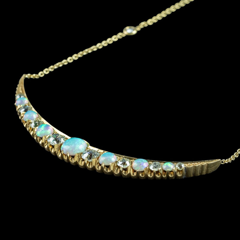 Antique Victorian Opal Diamond Necklace Crescent Moon 18ct Gold With Box