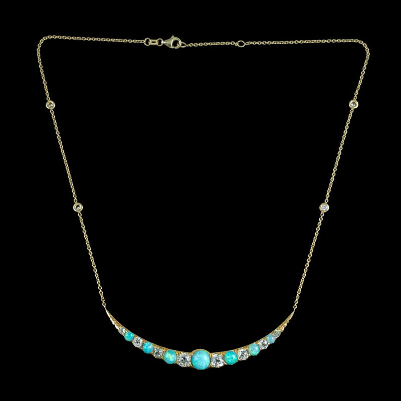 Antique Victorian Opal Diamond Necklace Crescent Moon 18ct Gold With Box