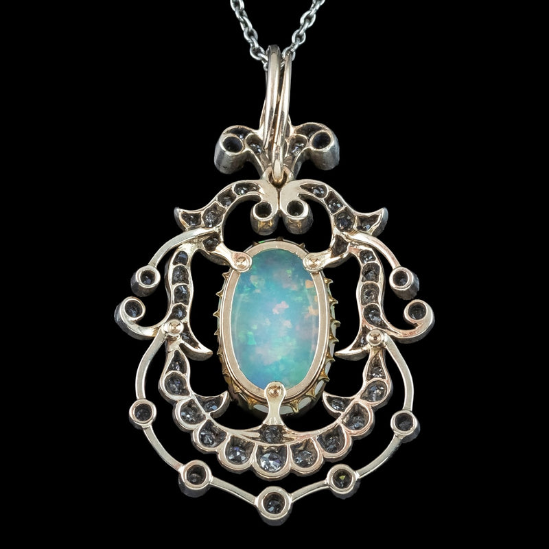Antique Victorian Opal Diamond Pendant Silver 18ct Gold Platinum Chain