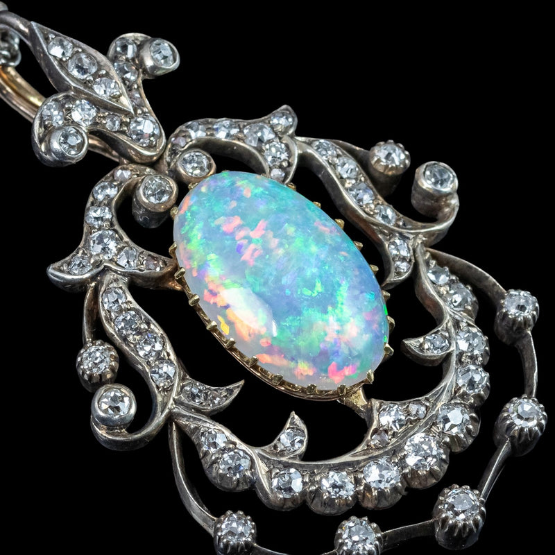Antique Victorian Opal Diamond Pendant Silver 18ct Gold Platinum Chain