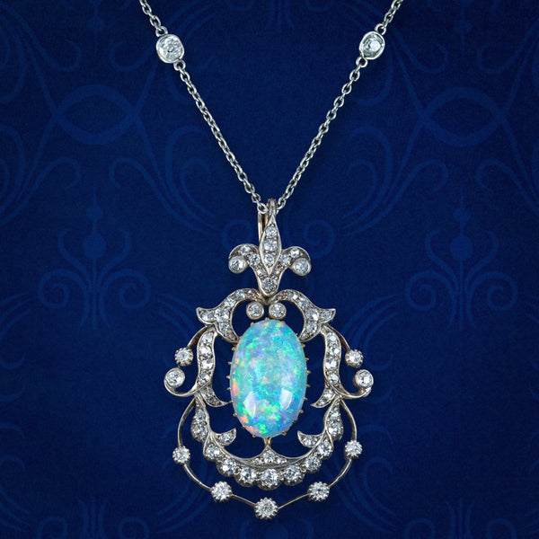 Antique Victorian Opal Diamond Pendant Silver 18ct Gold Platinum Chain