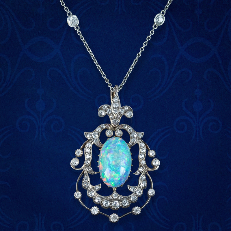 Antique Victorian Opal Diamond Pendant Silver 18ct Gold Platinum Chain