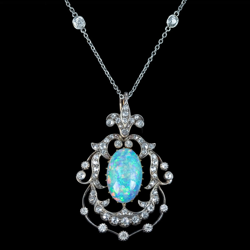 Antique Victorian Opal Diamond Pendant Silver 18ct Gold Platinum Chain