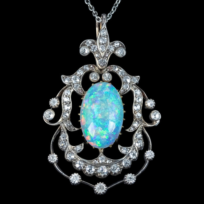 Antique Victorian Opal Diamond Pendant Silver 18ct Gold Platinum Chain