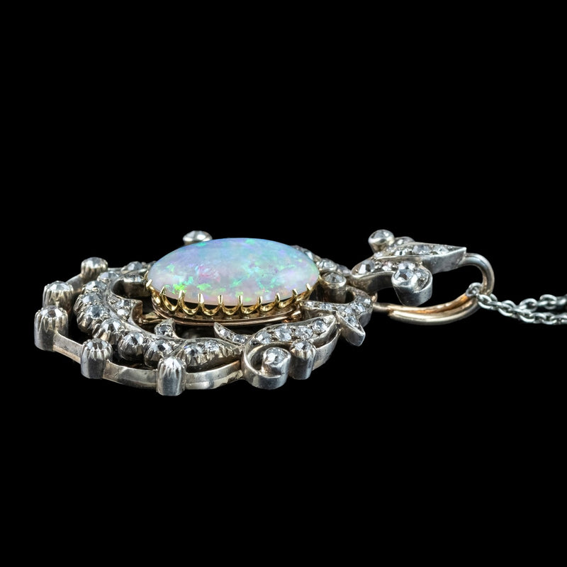 Antique Victorian Opal Diamond Pendant Silver 18ct Gold Platinum Chain