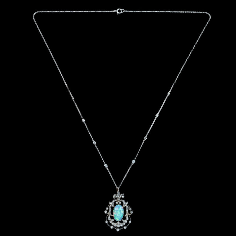 Antique Victorian Opal Diamond Pendant Silver 18ct Gold Platinum Chain