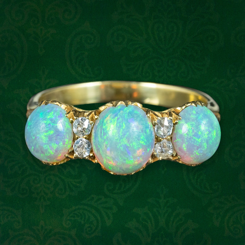 Antique Victorian Opal Diamond Trilogy Ring 2.8ct Opal