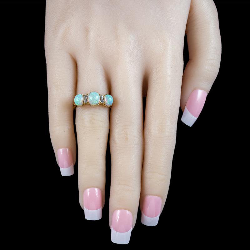 Antique Victorian Opal Diamond Trilogy Ring 2.8ct Opal