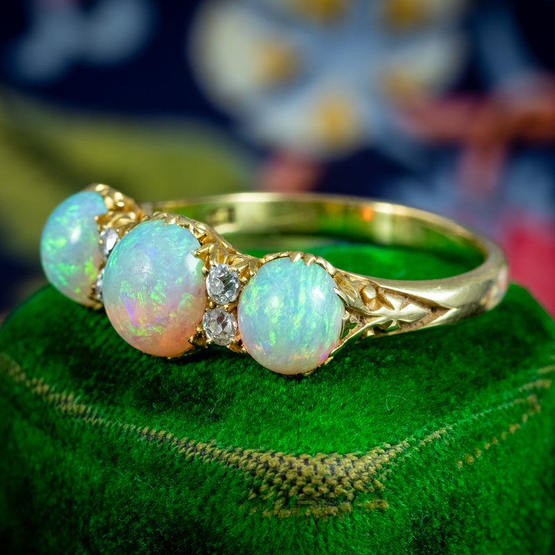 Antique Victorian Opal Diamond Trilogy Ring 2.8ct Opal