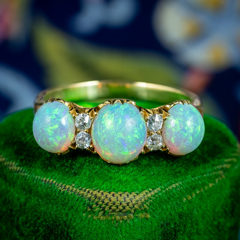 Antique Victorian Opal Diamond Trilogy Ring 2.8ct Opal
