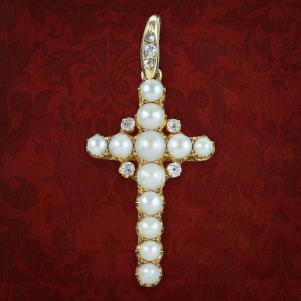 Antique Victorian Pearl Diamond Cross Pendant 18ct Gold With Box
