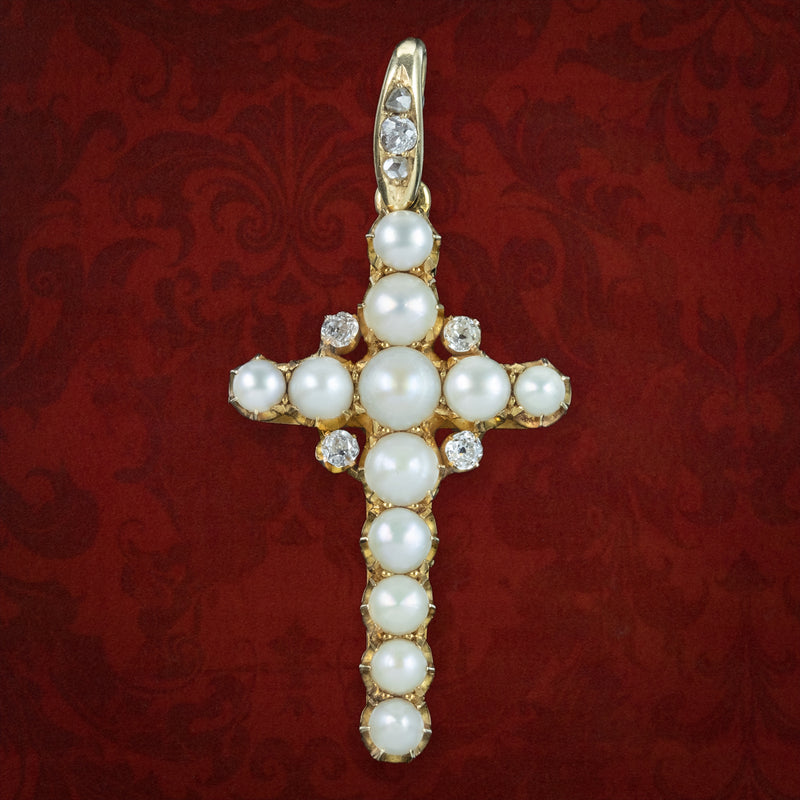 Antique Victorian Pearl Diamond Cross Pendant 18ct Gold With Box