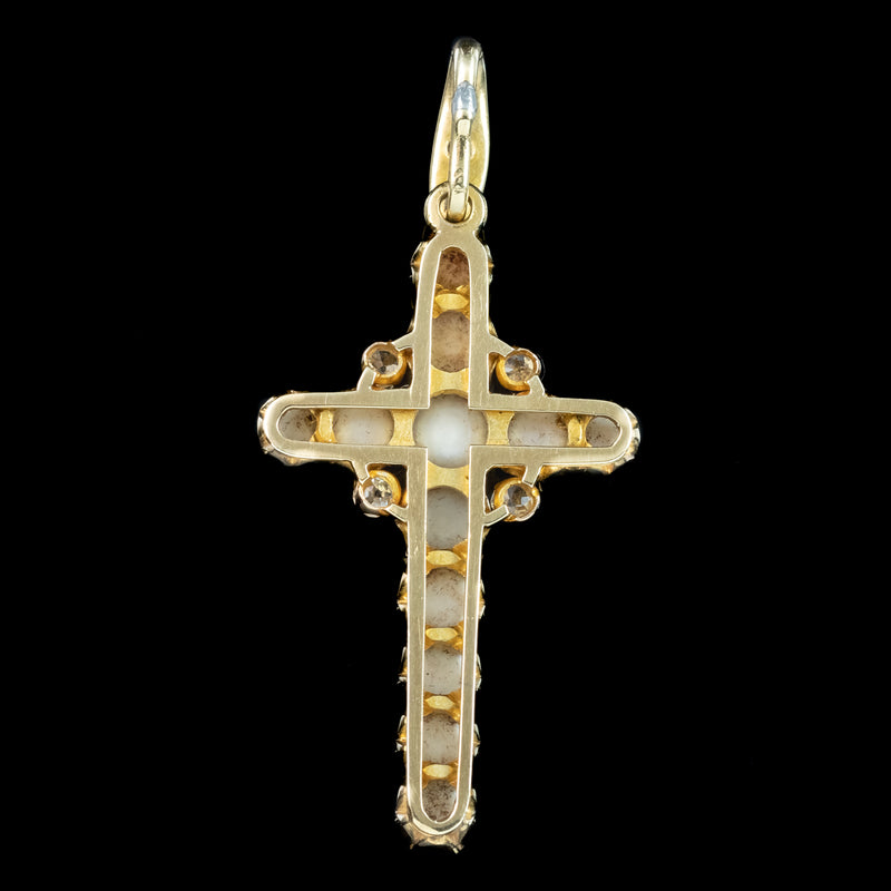 Antique Victorian Pearl Diamond Cross Pendant 18ct Gold With Box