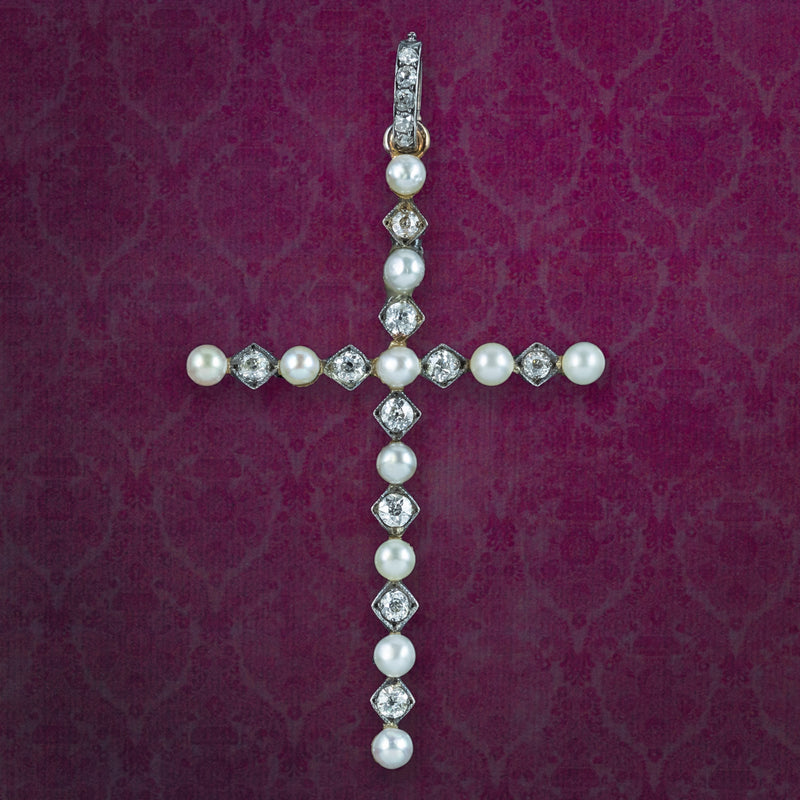 Antique Victorian Pearl Diamond Cross Pendant Silver 18ct Gold