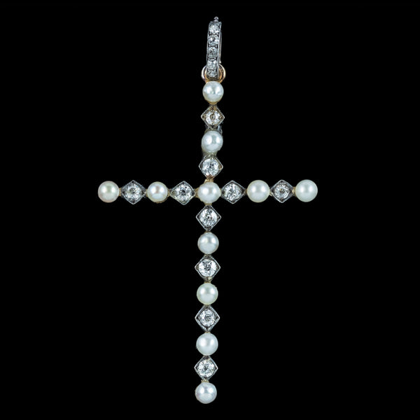 Antique Victorian Pearl Diamond Cross Pendant Silver 18ct Gold