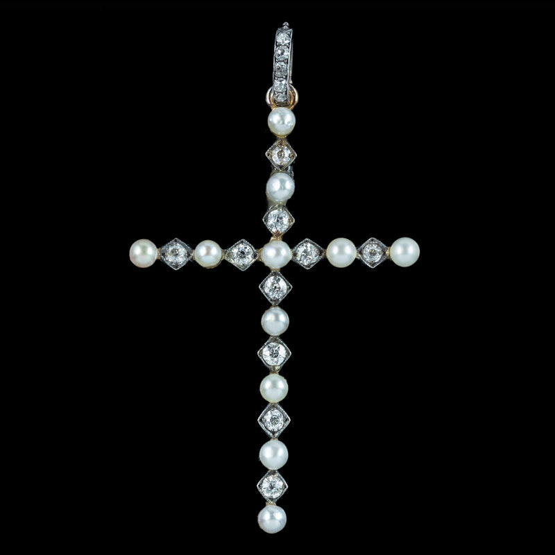Antique Victorian Pearl Diamond Cross Pendant Silver 18ct Gold