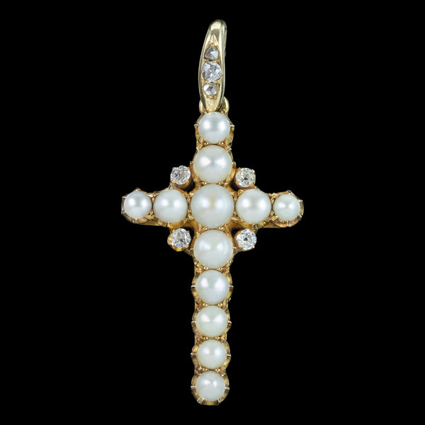 Antique Victorian Pearl Diamond Cross Pendant 18ct Gold With Box