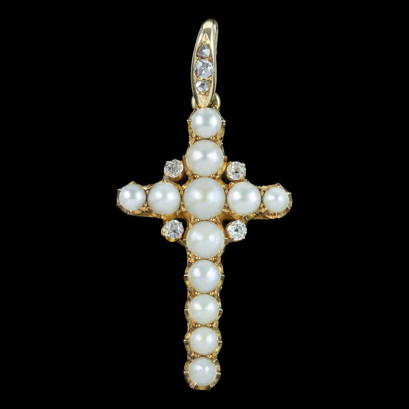 Antique Victorian Pearl Diamond Cross Pendant 18ct Gold With Box