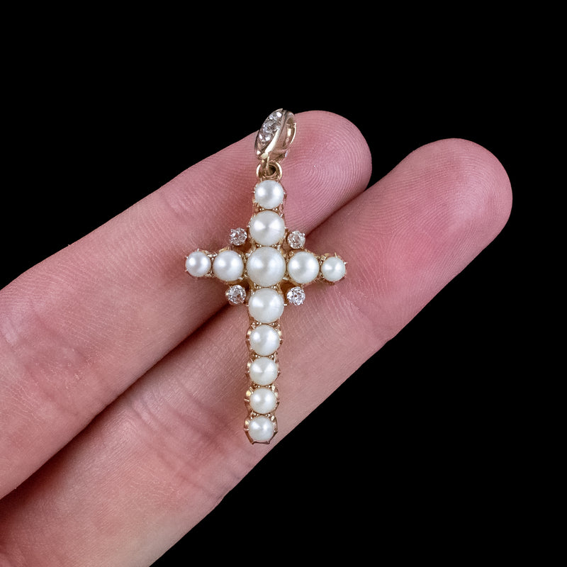 Antique Victorian Pearl Diamond Cross Pendant 18ct Gold With Box