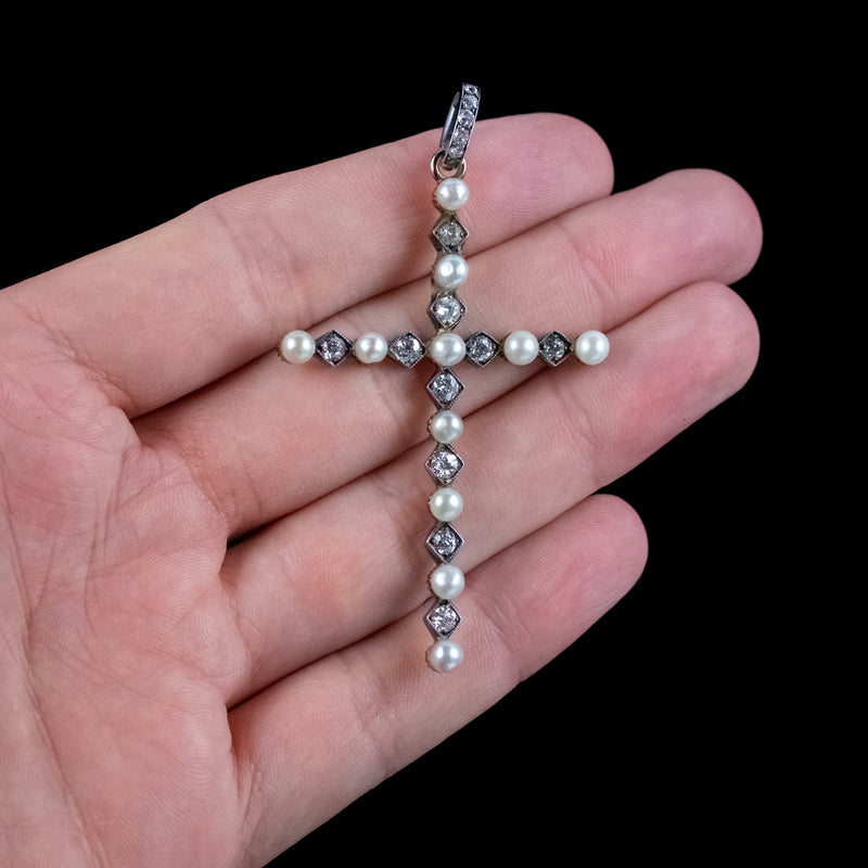Antique Victorian Pearl Diamond Cross Pendant Silver 18ct Gold