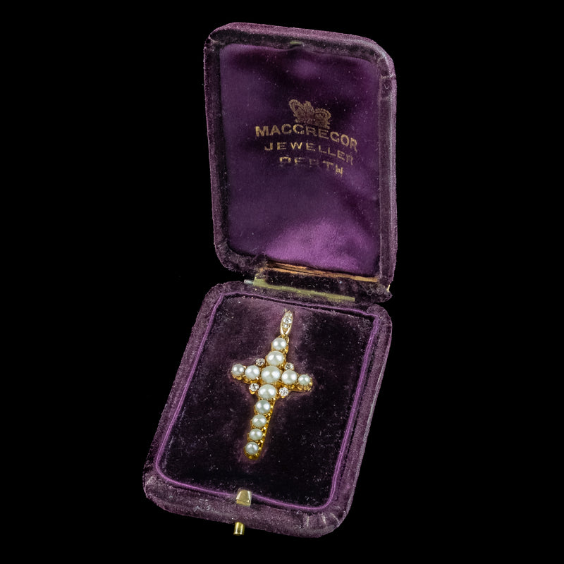 Antique Victorian Pearl Diamond Cross Pendant 18ct Gold With Box