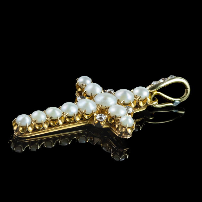 Antique Victorian Pearl Diamond Cross Pendant 18ct Gold With Box