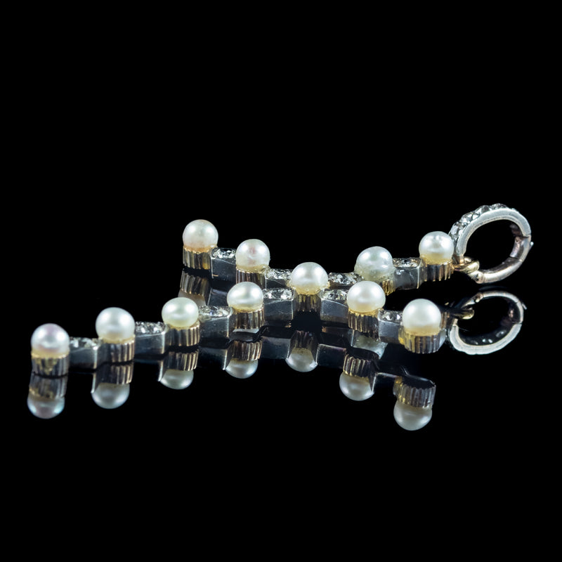 Antique Victorian Pearl Diamond Cross Pendant Silver 18ct Gold