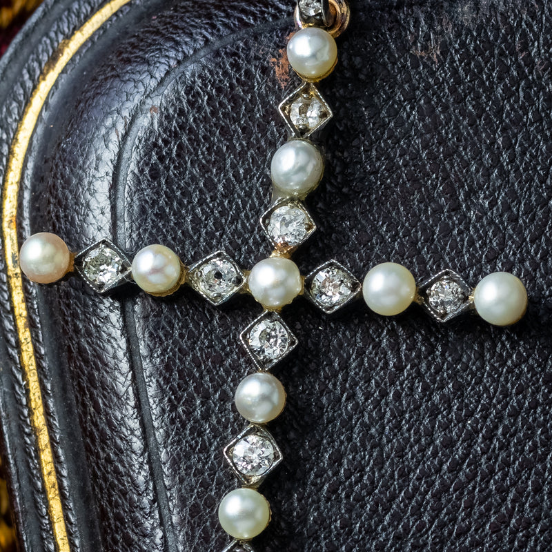 Antique Victorian Pearl Diamond Cross Pendant Silver 18ct Gold