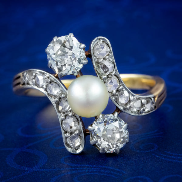 Antique Victorian Pearl Diamond Trilogy Twist Ring 1.8ct Of Diamond