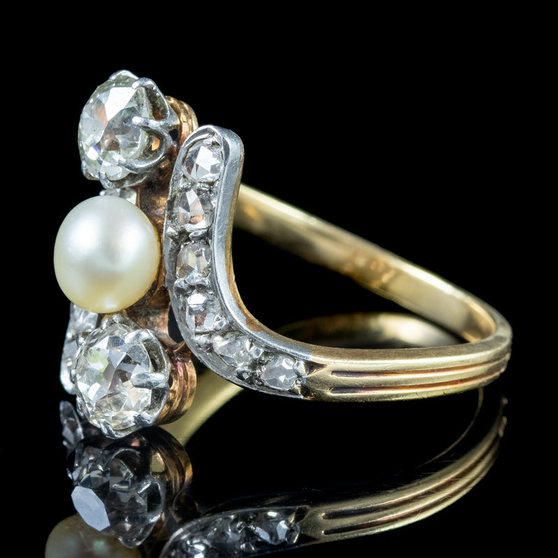 Antique Victorian Pearl Diamond Trilogy Twist Ring 1.8ct Of Diamond